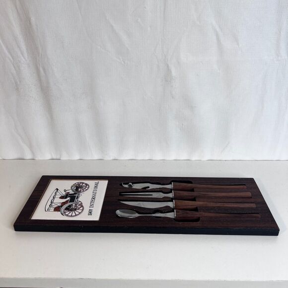 VTG 4 Piece Bar Ware Tool Set Hanging Magnetic Mid Century Modern Wood Tile - Picture 10 of 16